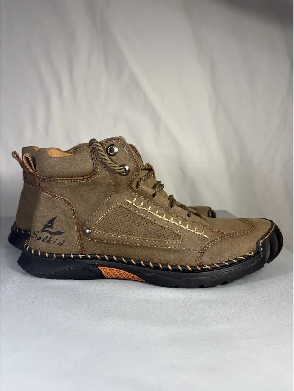 Salkin Mens 9.5 EU 43 Leather Orthopedic Comfort Boots Waterproof Khaki NWOB